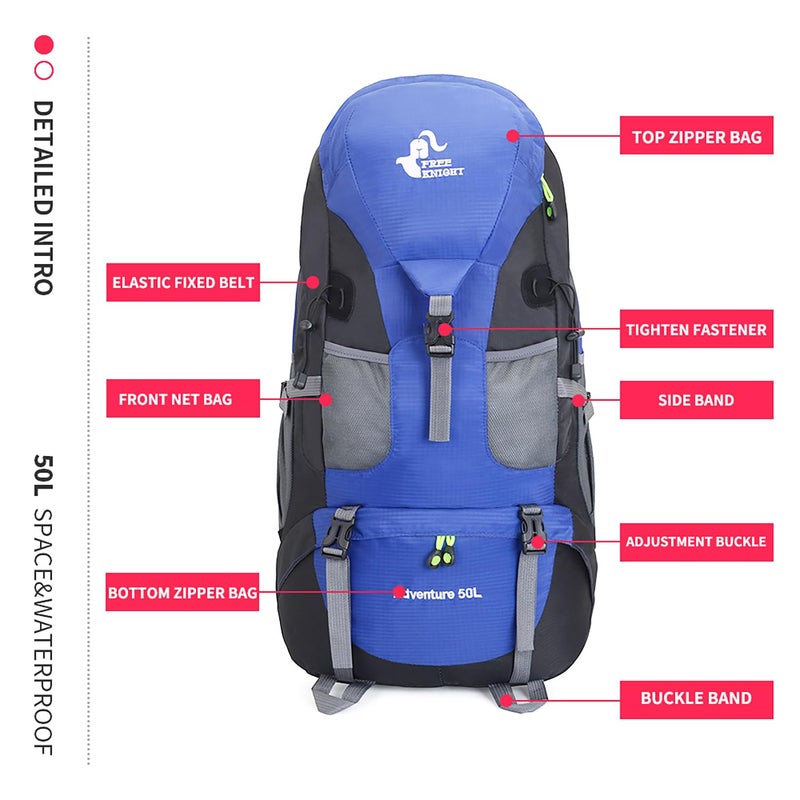 Bseash 50L Hiking Backpack, Water Resistant Lightweight Outdoor Sport Daypack Travel Bag for Camping Climbing Skiing Cycling (Blue - No Shoe Compartment) - Image 5